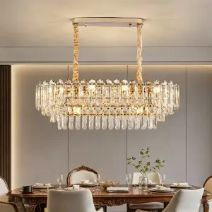 Luxury Modern Crystal Island Dining Home Decor Chandelier LED Dimmable High Villa Living Room Restaurant Decor Pendant Light