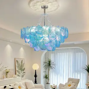 French Luxury Pendant Lamp Villa Wedding Banquet Hall Iron Blue Glass Ceiling Chandelier Light for Hotel Living Room Bedroom