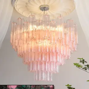 Modern French Wedding Banquet Hall Pendant Lamp Villa Home Fixture Adjustable Height Hotel Iron Glass LED Chandelier Light