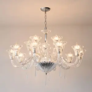 French Home Luxury Iron Glass LED AC Chandelier Light Ceiling Mounted Adjustable Height Pendant Lamp for Bedroom Living Dining