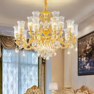 European Luxury Glass Modern Wedding Banquet Hall Gold Adjustable Height LED AC Ceiling Pendant Lamp Villa Living Room Hotel