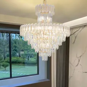 Luxury Modern Villa Gold Crystal LED Ceiling Chandelier Adjustable Height Pendant Lamp for Living Room Dimmable Middle Light