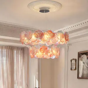Luxury Modern Living Room Pink Iron Glass LED Chandelier with Adjustable Height Hanging Middle Size Ceiling Pendant Light