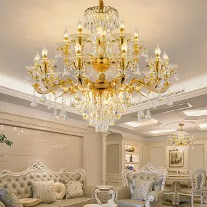 Gold Luxury Villa Lobby Banquet Hall Chandelier Light Crystal LED for Hotel Livingroom Adjustable Height Modern Pendant Lamp