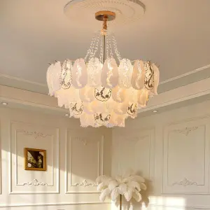 Luxury Modern Gold Iron Glass Crystal Chandelier Lamp LED Pendant Light Adjustable Height Dimmable Hanging Middle Size