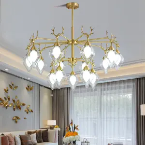 Copper Glass Chandelier Lamp Antler LED Light Luxury LivingRoom Bedroom Dining Hotel Café Decor Ceiling Pendant Light