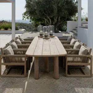 Modern Outdoor Furniture PE Rattan Solid Teak Wood Frame Garden Dining Table Chairs Set with Cushion