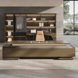 Modern Italian Business Wooden Panel Modular Luxury High-End Boss/CEO Desk LED Lights Functional Lightweight Office Furniture