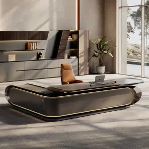 Modern Italian Business Style Wooden Panel LED Lights Functional High End Luxury CEO Desk Lightweight Office Furniture