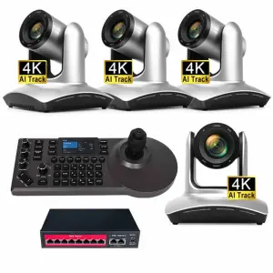 4K PTZ Conference Camera System = 4pcs 20X Cameras + 1 Joystick Controller for Conferencing, Live Streaming, Church, Classroom