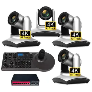 4K 20X Zoom AI Tracking Auto Frame PTZ Camera System Kit=4 Cameras+1 POE Controller for Church Live Streaming Video Conferencing