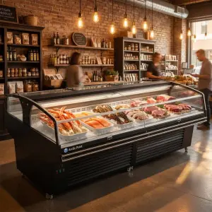OEM Double-Sided Meat Display Refrigerator Cabinet Island Serve-Over Counter 290-465l Meat Display Chiller For Supermarket