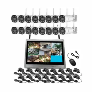 Jianvision High-End 16-Channel 5MP 12-Inch LCD Monitor NVR System Wifi Wireless Network Camera 2-Way Audio Eseecloud App IP66