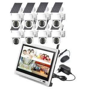 Jianvision 8-Channel Solar-Powered PTZ 360-Degree Security Cameras 12-Inch Screen Wireless NVR Monitor Outdoor Via Eseecloud