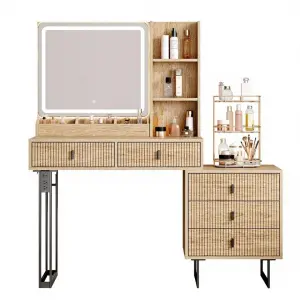 Large Modern Oak Wood Vanity Desk with Touch Screen Dimming Mirror Charging Station 5 Sliding Drawers & Storage Shelves