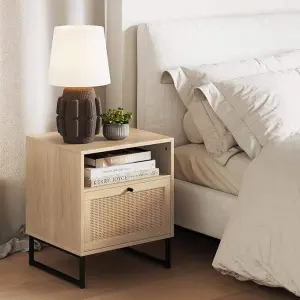 Smart Iron Base Nightstand with Drawer & Shelf Wooden Night Table for Bedroom or Living Room