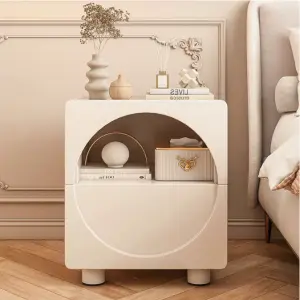 Contemporary Cream White Wooden Nightstand Durable Multifunctional Storage Cabinet for Bedroom Side Table