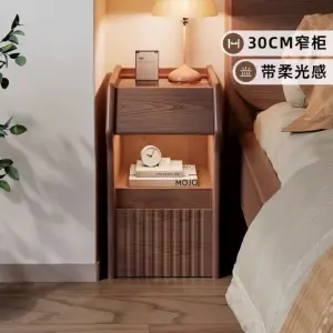 Factory Supplier LED Light Walnut Wooden Nightstand Bedside Table with 2 Ripple Fluted Drawers for Home Bedroom & Living Room