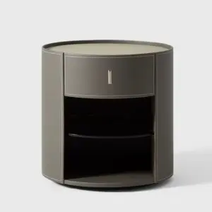 Modern Solid Wood Bedside Table with Saddle Leather Cabinet Nightstand for Bedroom or Living Room Furniture