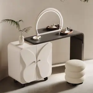Modern Bedroom Storage Cabinet with Lighted Makeup Mirror Solid Wood Butterfly Door Dressing Table for Living Room