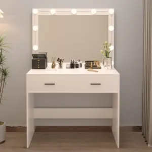 Modern LED Lighted Panel Wood Style Makeup Vanity Dresser for Bedroom or Living Room for