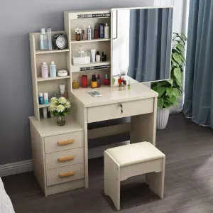 Modern Bedroom Dresser Furniture Set with Lighted Makeup Vanity Table Mirror Stool White Wood Panel Design for Apartment Use