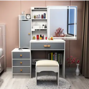 Modern European White Makeup Vanity Set with 3 Color Light Modes Mirror Drawers Stool for Apartment & Hotel Use