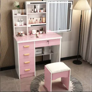 Nordic Modern Design Bedroom Dressing Table Vanity Mirror Minimalist Multifunctional High-End Lighted Adjustable MDF Panel High
