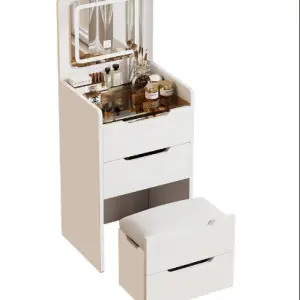 Modern 3-in-1 DB Vanity Desk Set for Home Use Lighted Flip Top Mirror MDF Panel Adjustable Height Makeup Vanity for Bedroom