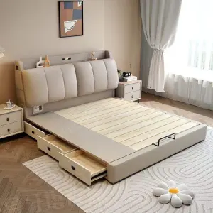 Modern Cream King Leather Bed with Drawers Soft Upholstered Master Bedroom Furniture Factory Direct Source