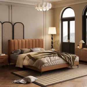 Modern Italian Leather Wooden Frame Suspended Double Bed High-end Master Bedroom Bed 2m X 2m Soft Bed