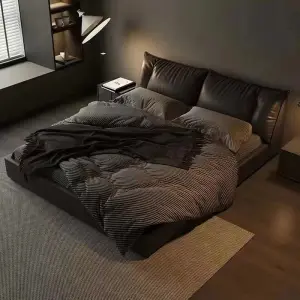 Modern Italian Minimalist Wooden Frame Genuine Leather King/Queen Size Soft Down Bed