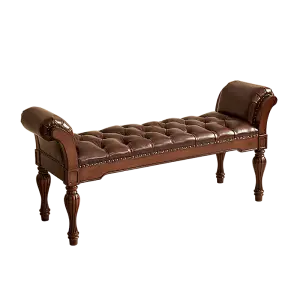 New Arrival American Neoclassical Golden-Grain Teak Solid Wood Bed End Stool Ottoman Foot-of-Bed Bench Cowhide Upholstered