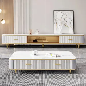 Modern Luxury Wooden Marble Tv Stand and Coffee Table Set Living Room square with Drawers Floating White Large Furniture Design