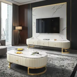 2025 Modern Luxury Living Room Coffee Table with Storage Big Gold Stainless Steel Side Elegant Marble Top