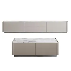 Nordic Modern Minimalist TV Cabinet Coffee Table Set Glossy Rock Slab for Small Apartment Living Room Light Luxury Floor TV