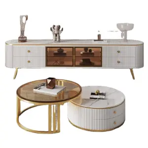 2025 Hot Sale Gold Metal Combined Living Room Luxury White and Black Round Coffee Table Set with Storage