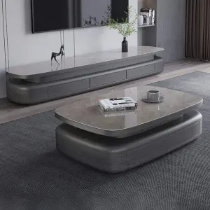 Italian Modern Simple Oval Rock Plate Coffee Table TV Stand Cabinet Combination for Large Small Apartments for Living Room