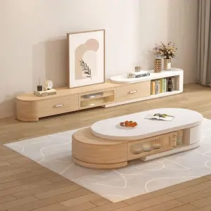 Nordic Log Cream Style Retractable Rock Board TV Stand Compact Coffee Table Combination for Small Apartment Living Room Floor