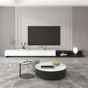 Modern French Creamy Eco-Friendly Durable Living Room Retractable TV Cabinet Coffee Table Wooden Panel Combination Household Use