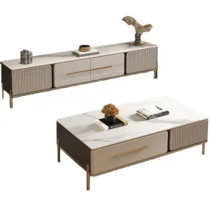 Modern Design Luxury Living Room Furniture Set 2 Meter Storage Wooden TV Stand Rock Slab Center Table Coffee Table