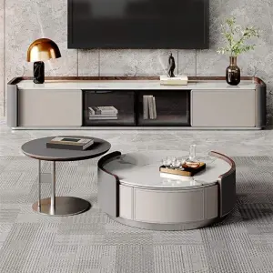 Living Room Furniture Luxury Small Apartment Foldable Modern Coffee Table Light Saddle Leather Solid Wood Stainless Steel