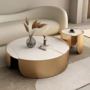 Luxury Round Sintered Stone Nesting Coffee Table Set Champagne Gold Drum Base Custom Living Room