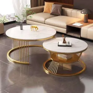 Modern Nordic Luxury Marble Tabletop Coffee Table Set Simple White Metallic Stone Gold Nested for Living Room Center Home Decor