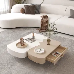 Luxury Two-Tone Organic Coffee Table Staggered Height Drawer Storage Cream Beige Custom for Living Room