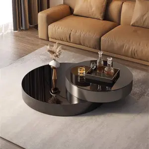 Luxury Rotating Double Round Coffee Table Gunmetal Stainless Steel Mirror Glass Top Custom Living Room
