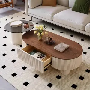 Luxury Oval Walnut Fluted Cream Drum Coffee Table Set Drawer Glass Side Table Custom Living Room