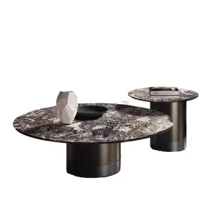 Luxury Round Nesting Coffee Table Set Dark Galaxy Marble Sintered Stone Gunmetal Cylinder Base Custom Living Room