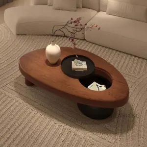 OEM Wabi-Sabi Organic Oval Coffee Table Center Hole Rotating Tray Top Hidden Storage Walnut Custom Modern Living Room