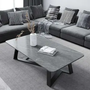 Luxury Rectangular Grey Coffee Table Asymmetric V Frame Black Metal Legs Rounded Corner Custom for Living Room
